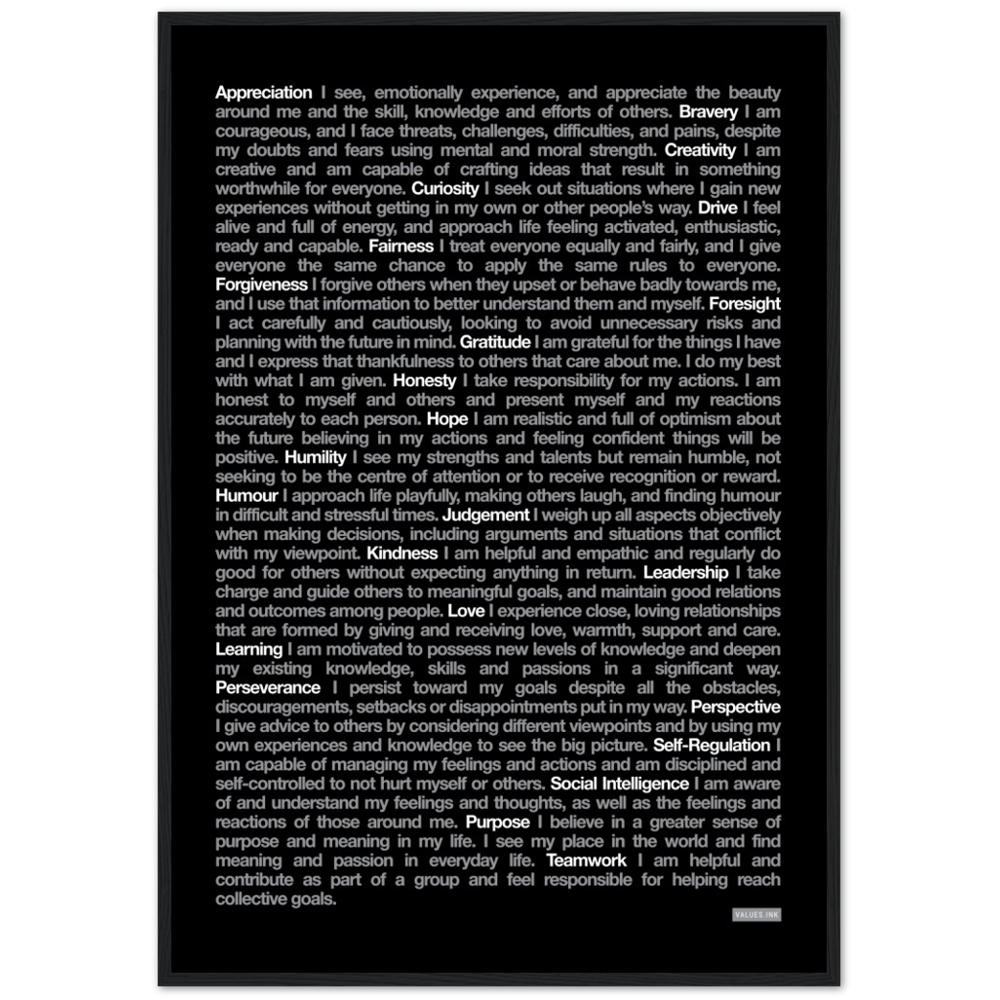 Black "24 Values" Wooden Framed Print - Various Sizes freeshipping - VALUES.INK