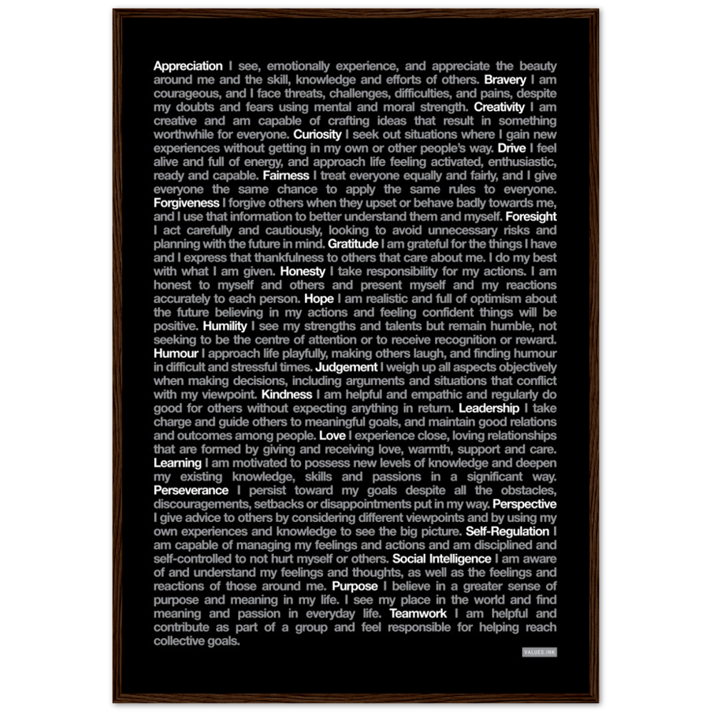 Black "24 Values" Wooden Framed Print - Various Sizes freeshipping - VALUES.INK