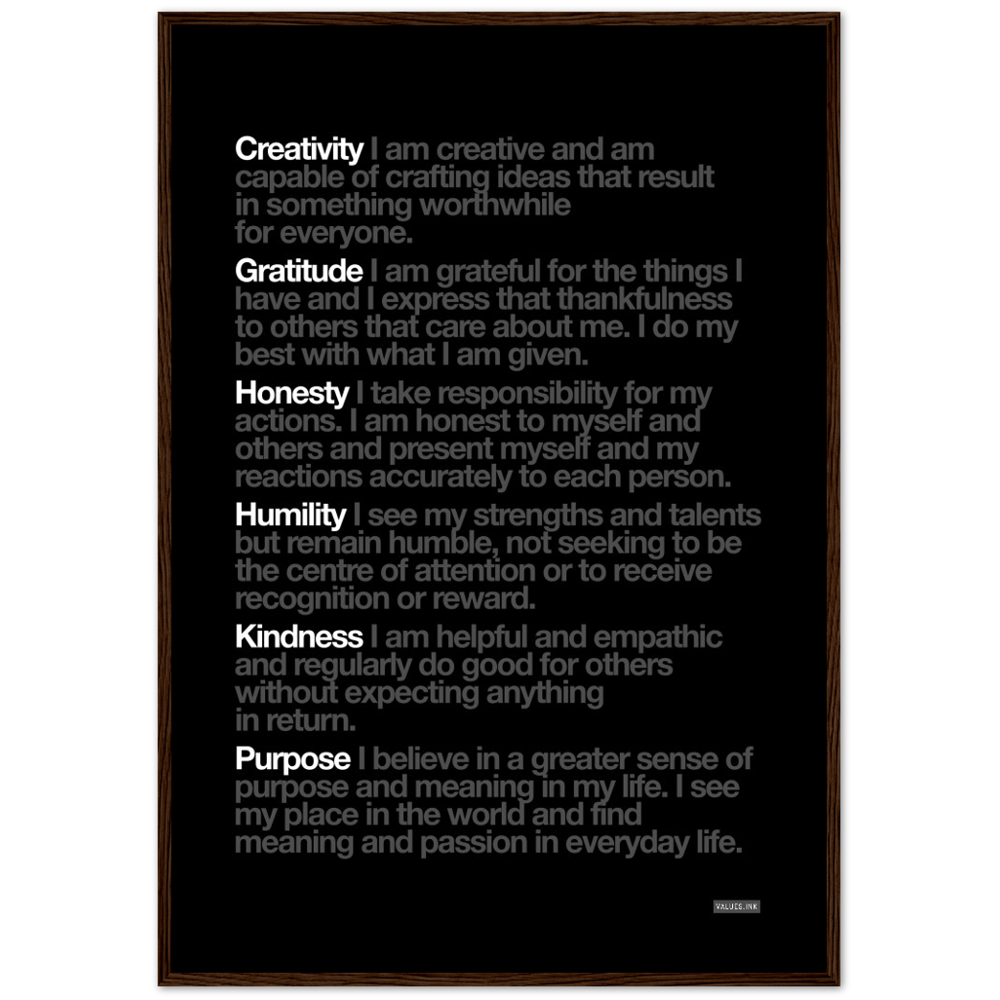 Black "Customisable" 6 Values Wooden Framed Print - Various Sizes freeshipping - VALUES.INK