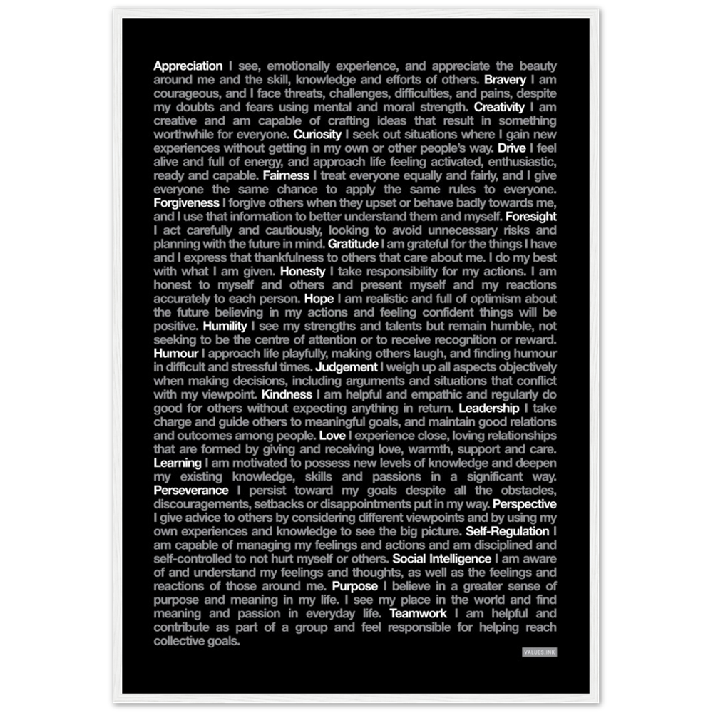 Black "24 Values" Wooden Framed Print - Various Sizes freeshipping - VALUES.INK