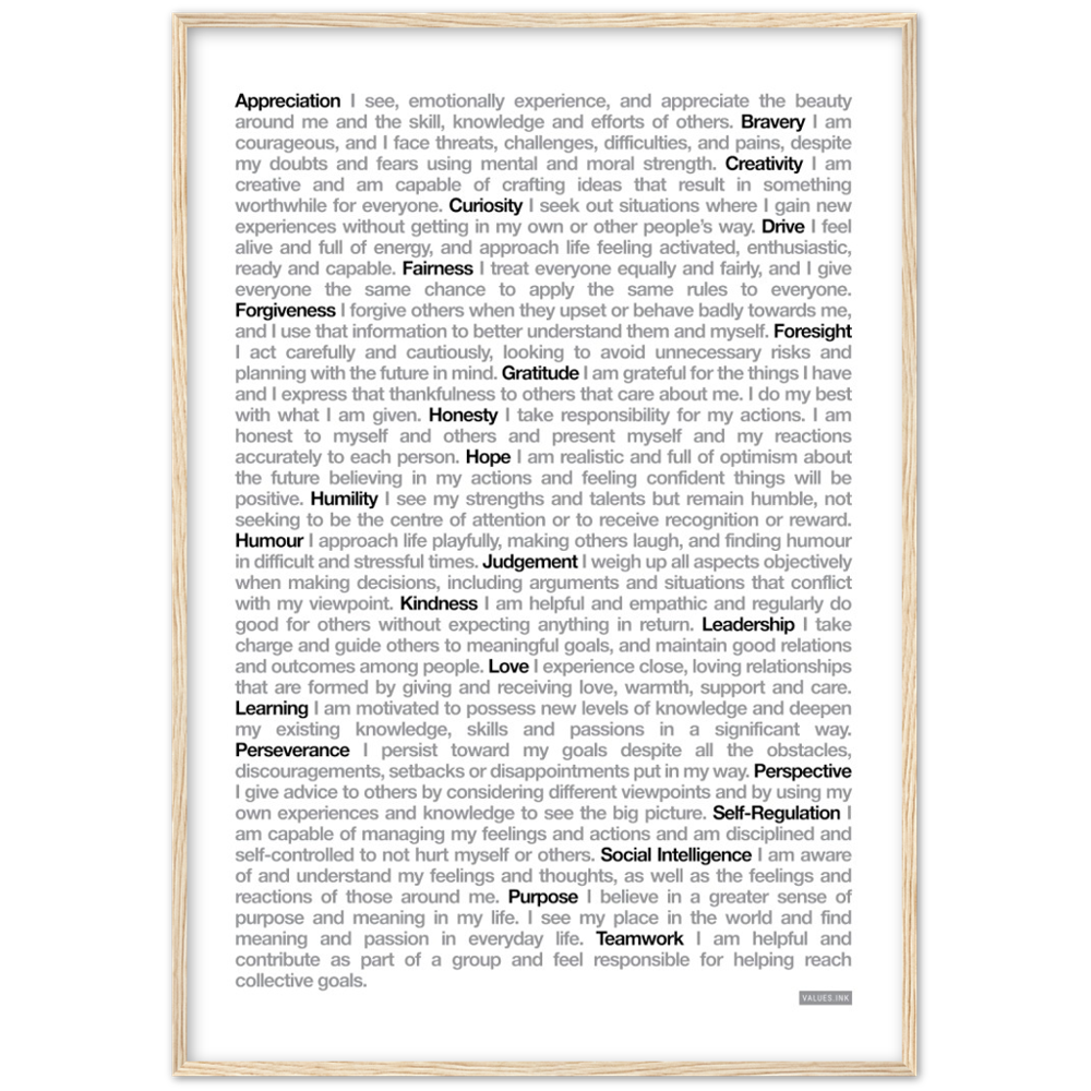 White "24 Values" Wooden Framed Print - Various Sizes freeshipping - VALUES.INK