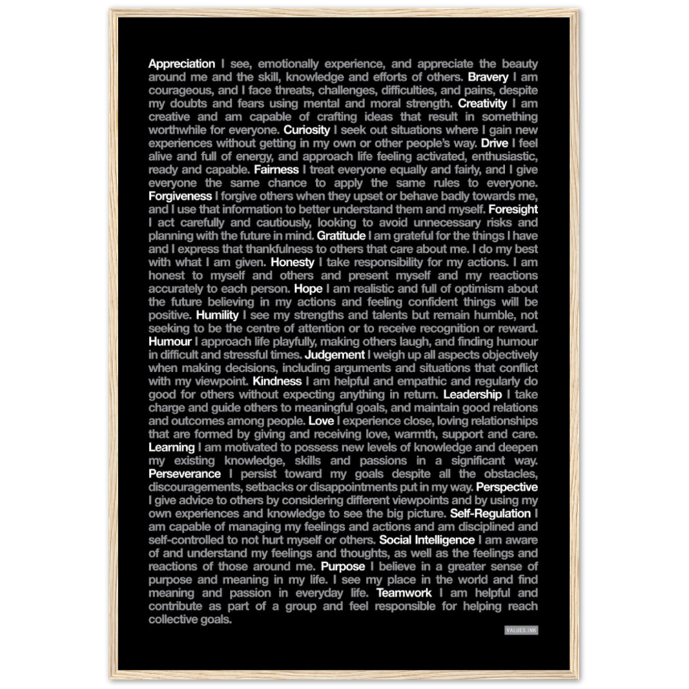 Black "24 Values" Wooden Framed Print - Various Sizes freeshipping - VALUES.INK