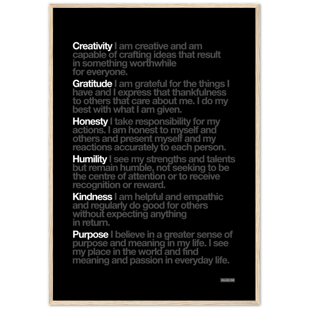 Black "Customisable" 6 Values Wooden Framed Print - Various Sizes freeshipping - VALUES.INK