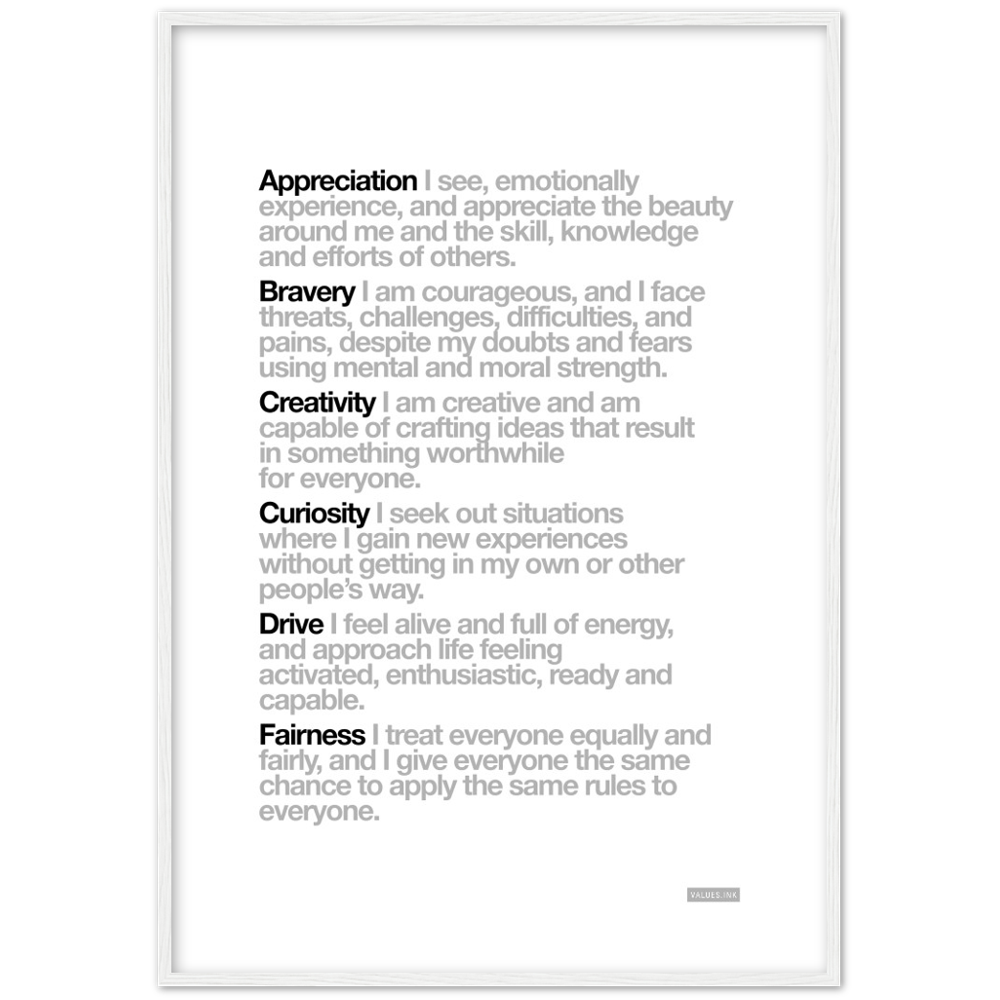 White "Customisable" 6 Values Wooden Framed Print - Various Sizes freeshipping - VALUES.INK